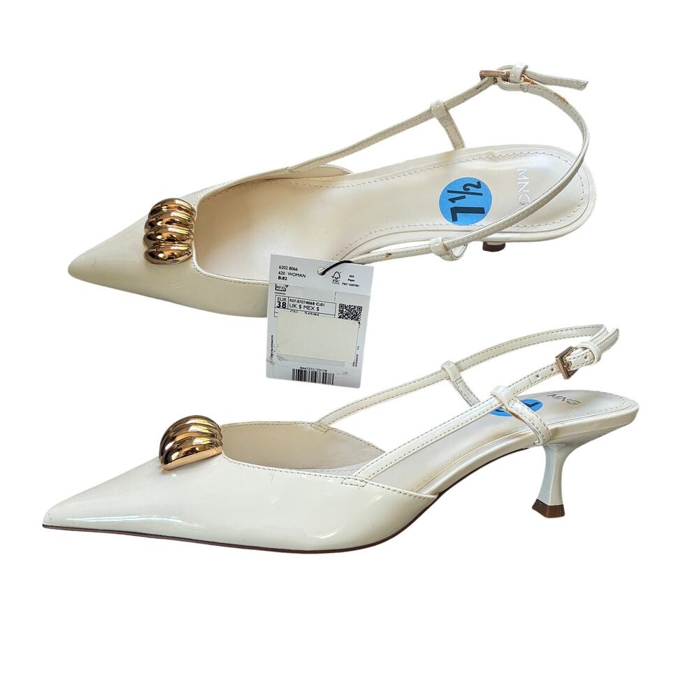 Mango White Patent Slingback Kitten Heel Gold Pendant Pumps Size US 7.5 / EU 38